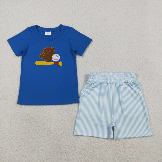Embroidery Baseballs Baby Boys Blue Top Pockets Stripe Shorts Team Clothes Sets