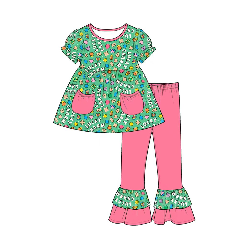 (Custom Design Preorder MOQ 5) 4 Leaf Clover Bows Pockets Tunic Top Ruffle Pants Girls St Patrick Day Clothes Set Sisters Wear