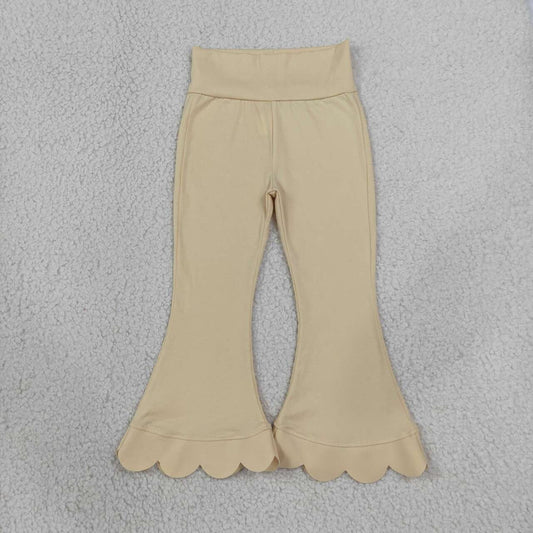 P1078 Khaki Cotton Girls Scallop Edge Bell Bottom Pants