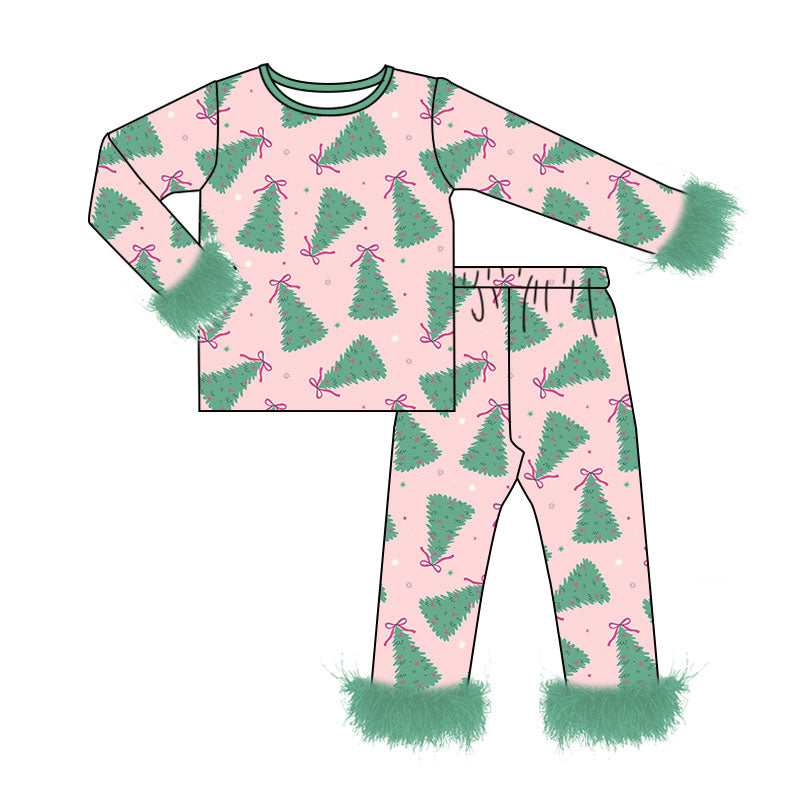(Custom Design Preorder MOQ 5) Tree Bows Print Girls Christmas Fur Pajamas Clothes Set