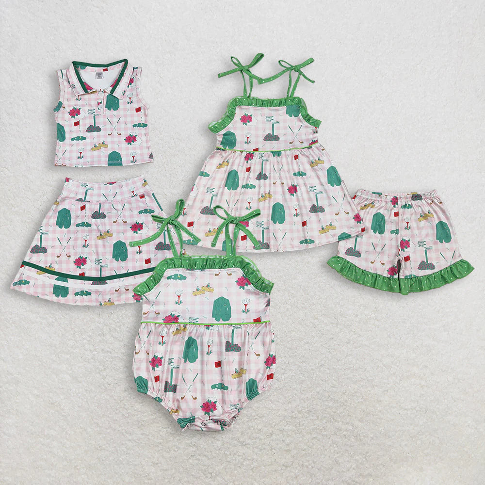 Sibling Baby Girls Pink Checked Flowers Golf Tunic Ruffle Skirt Shorts Set Rompers