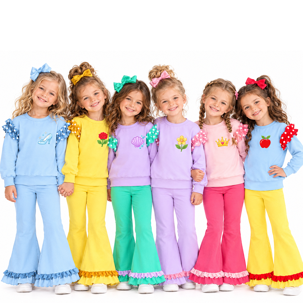 (Custom Design Preorder MOQ 5 Each) Cartoon Princess Print Girls Ruffles Clothes Set Sisters Wear