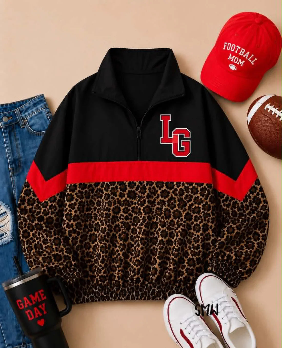 (Custom  Preorder MOQ 5) Baby Boys Long Sleeve Black Red Leopard LG Team Zip Pullovers Tops