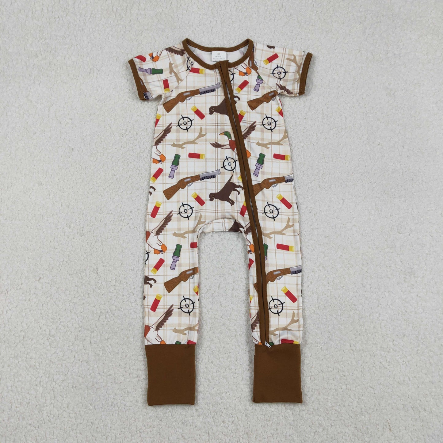 Sibling Baby Boys Dogs Ducks Checked Pants Hunting Pajamas Set Zipper Rompers