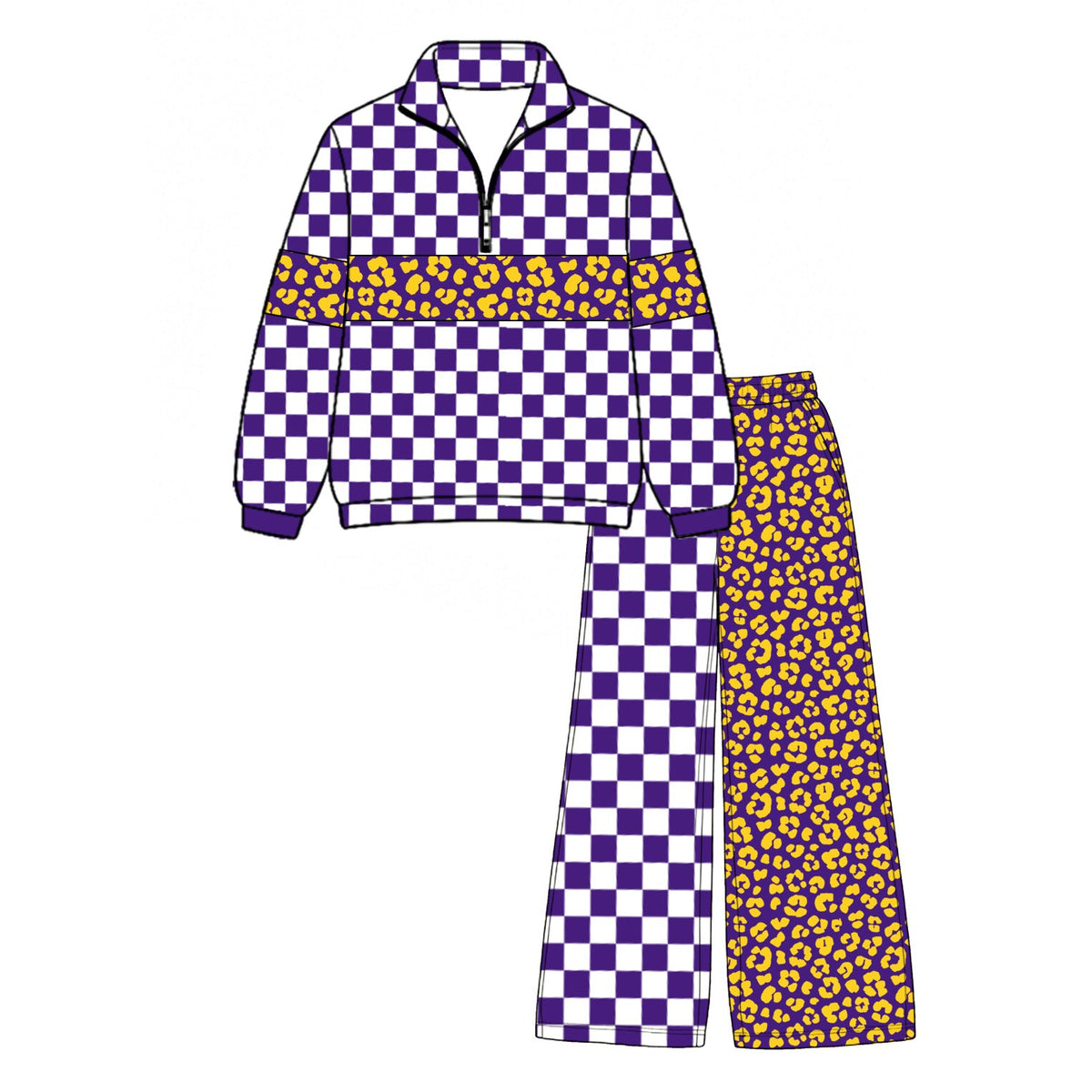 (Custom Design Preorder MOQ 5 Each)Teams Blank Leopard Checkered Print Long Sleeve Zipper Top Split Pants Girls Clothes Set Sisters Wear
