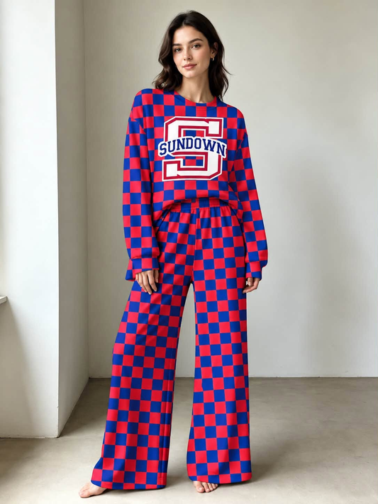 Preorder (5 MOQ) Royal Blue Pink Checked Long Sleeve Top Logo Pockets Pants Girls & Woman Clothes Set