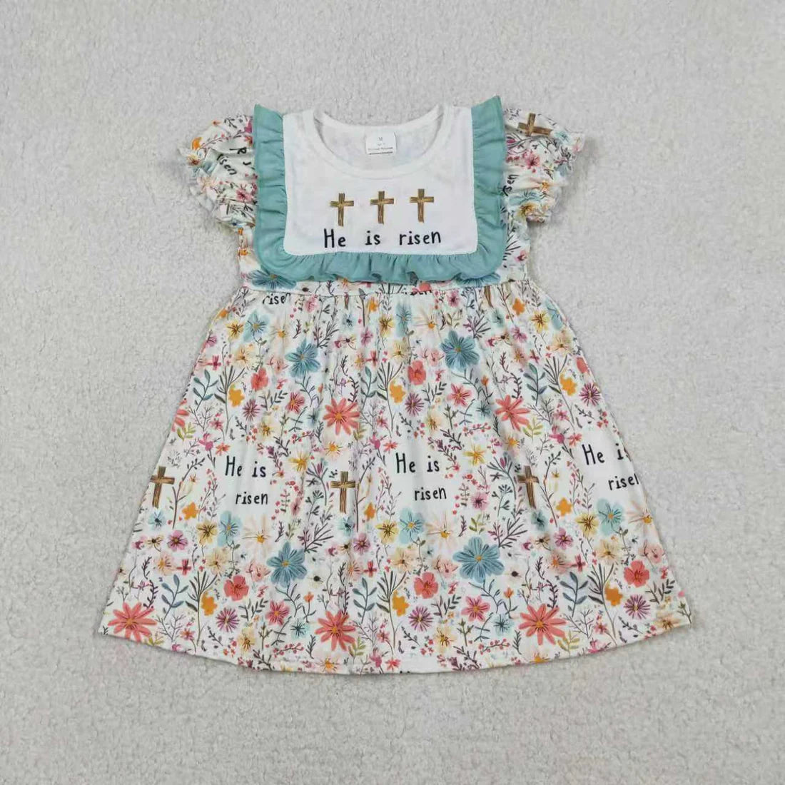 Sibling Baby Girls He is Risen Crosses Flowers Easter Knee Length Dresses Rompers