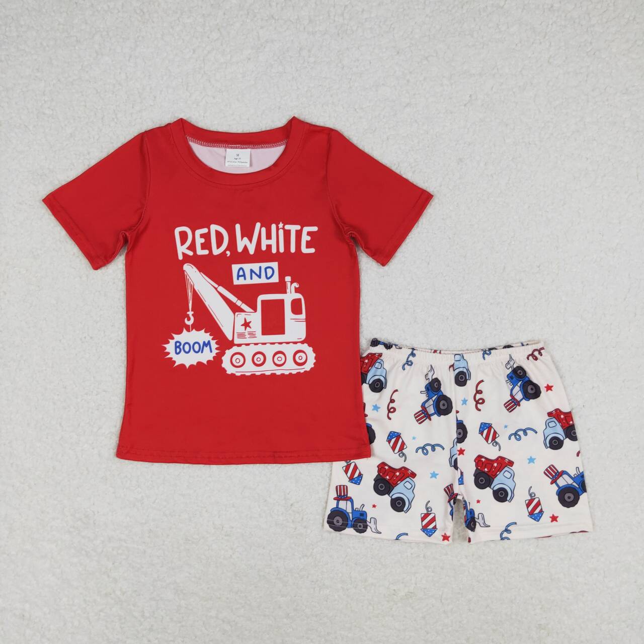 BSSO0825 Red White Boom Top Construction Trucks Shorts Baby Boys 4th of July Clothes Sets