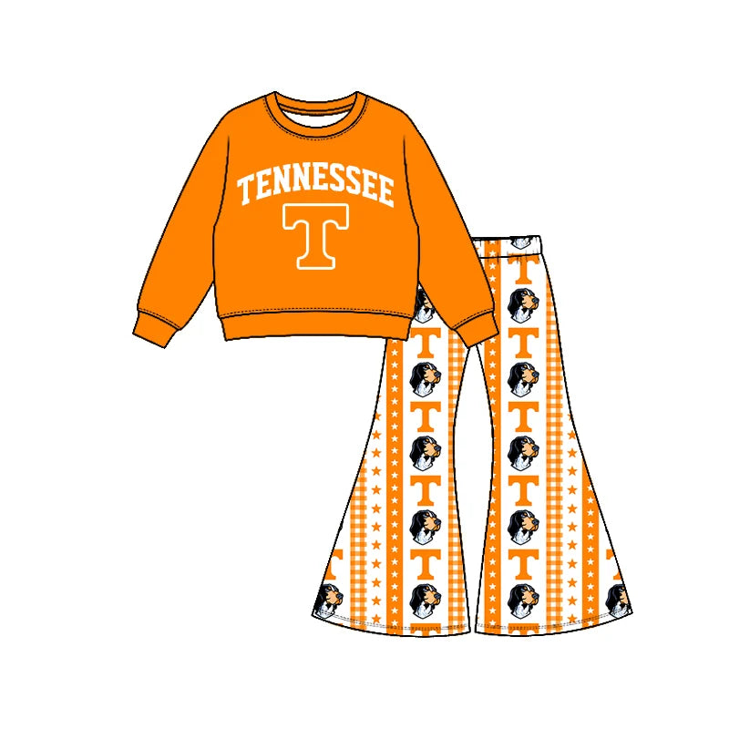 Preorder( 5  MOQ) Baby Girls Sport Team Tennessee Long Sleeve Top Bell Bottom Pants Outfit