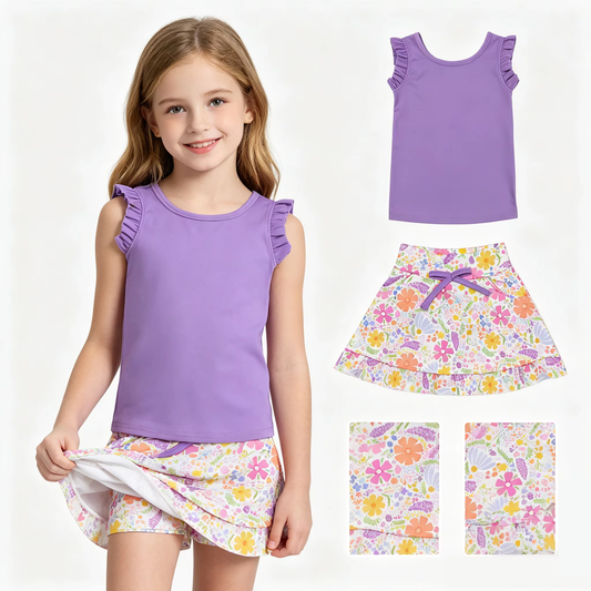 Toddler Active Outfit Purple Tank Top with Floral Skort Yoga Set