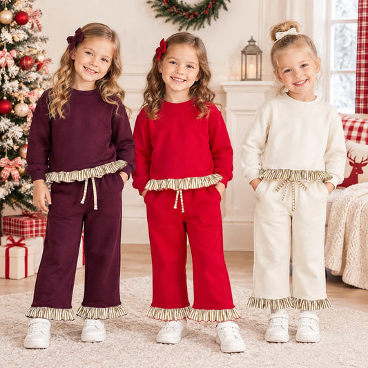 Sibling Toddler Girls Striped Ruffle Trim Long Sleeve Sweater Pocket Pants Outfit