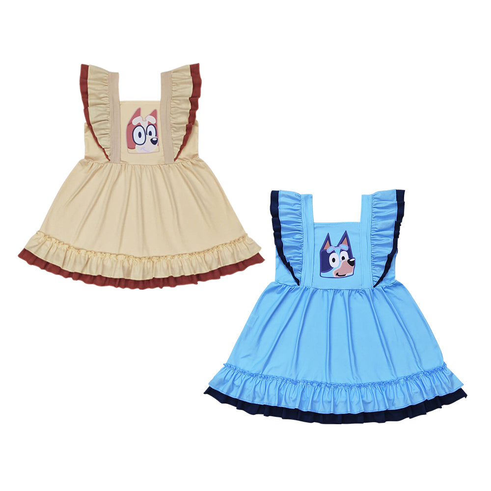 Baby Girls Dogs Ruffles Sibling Sister Knee Length Dresses