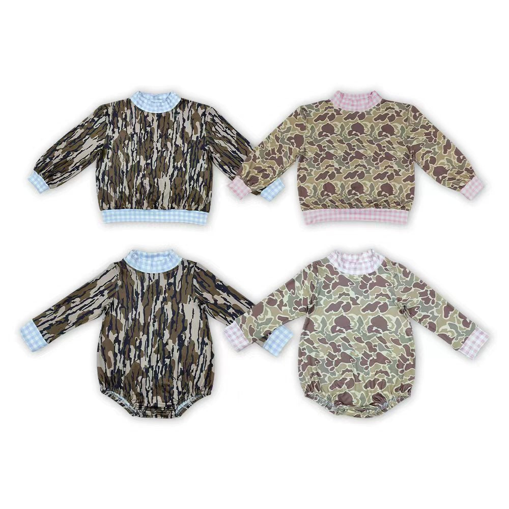 Sibling Baby Girls Boys Camo Gingham Mock Neck Long Sleeve Top Bubble Romper