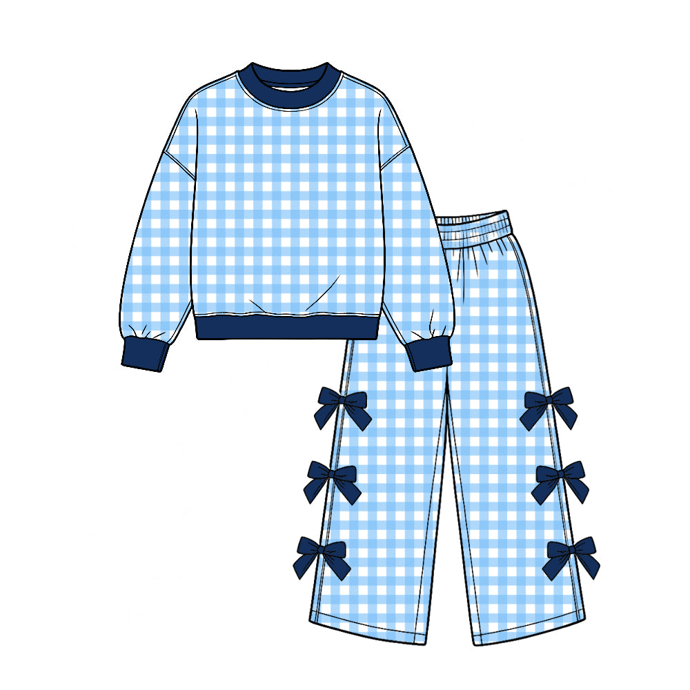 (Custom Design Preorder MOQ 5 Each) Checkered Print Long Sleeve Top Wide Leg Pants with Side Bows Girls Clothes Set Sisters Wear