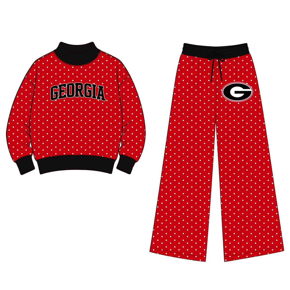 (Custom Design Preorder MOQ 5 Each) Teams GEORGIA Polka Dots Mock Necks Top G Logo Pockets Pants Girls & Woman Clothes Set