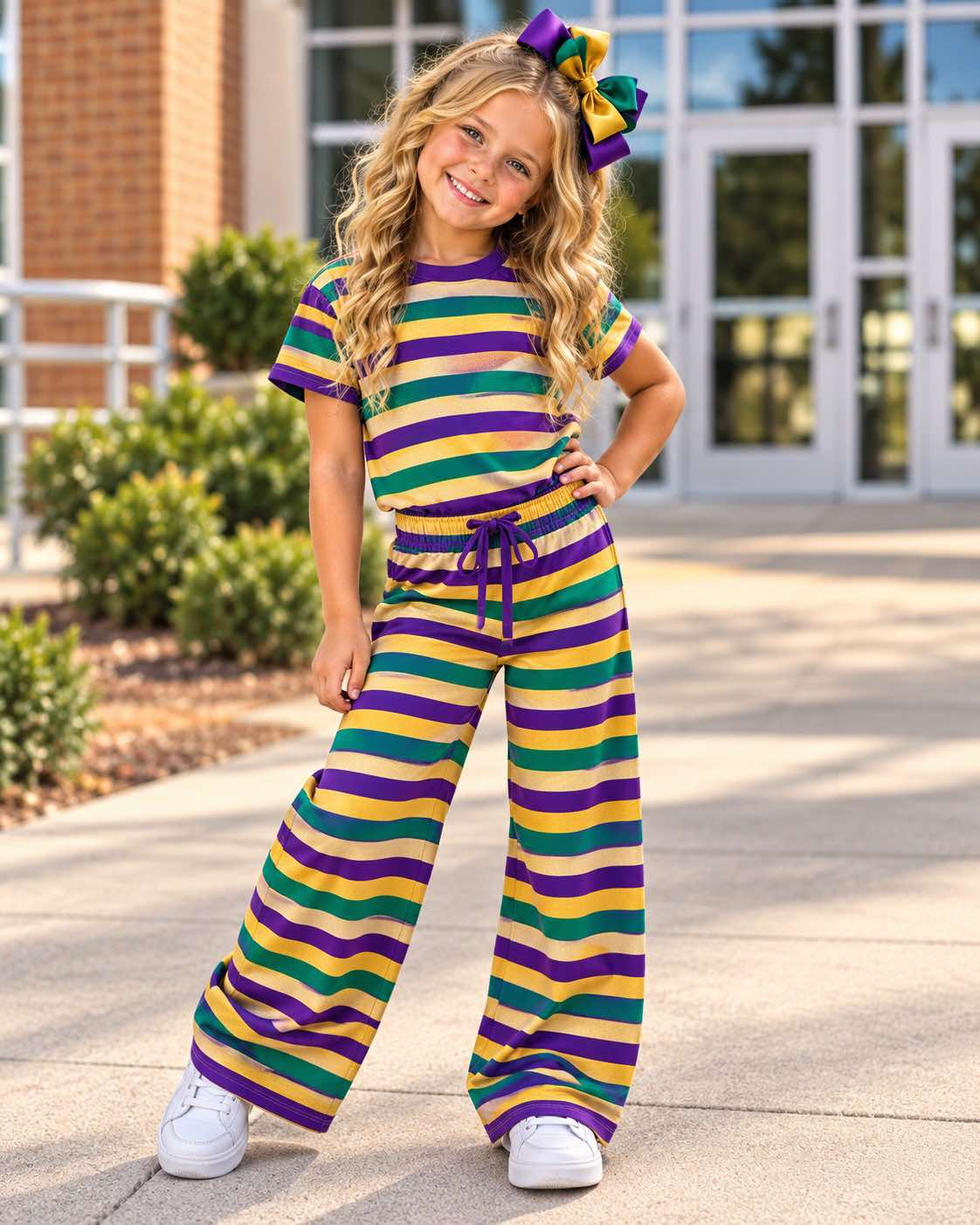 10.5 Preorder GSPO2405 Purple Yellow Green Stripes Print Girls Mardi Gras Clothes Set