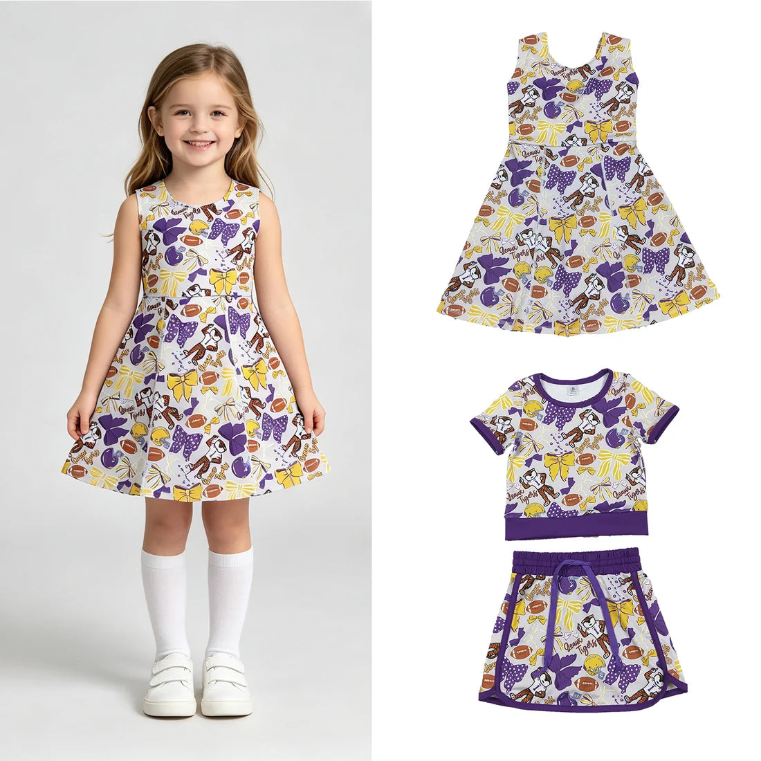 Sibling Baby Girls LSU Purple Bow Sport Team Active Skort Outfit and Dress