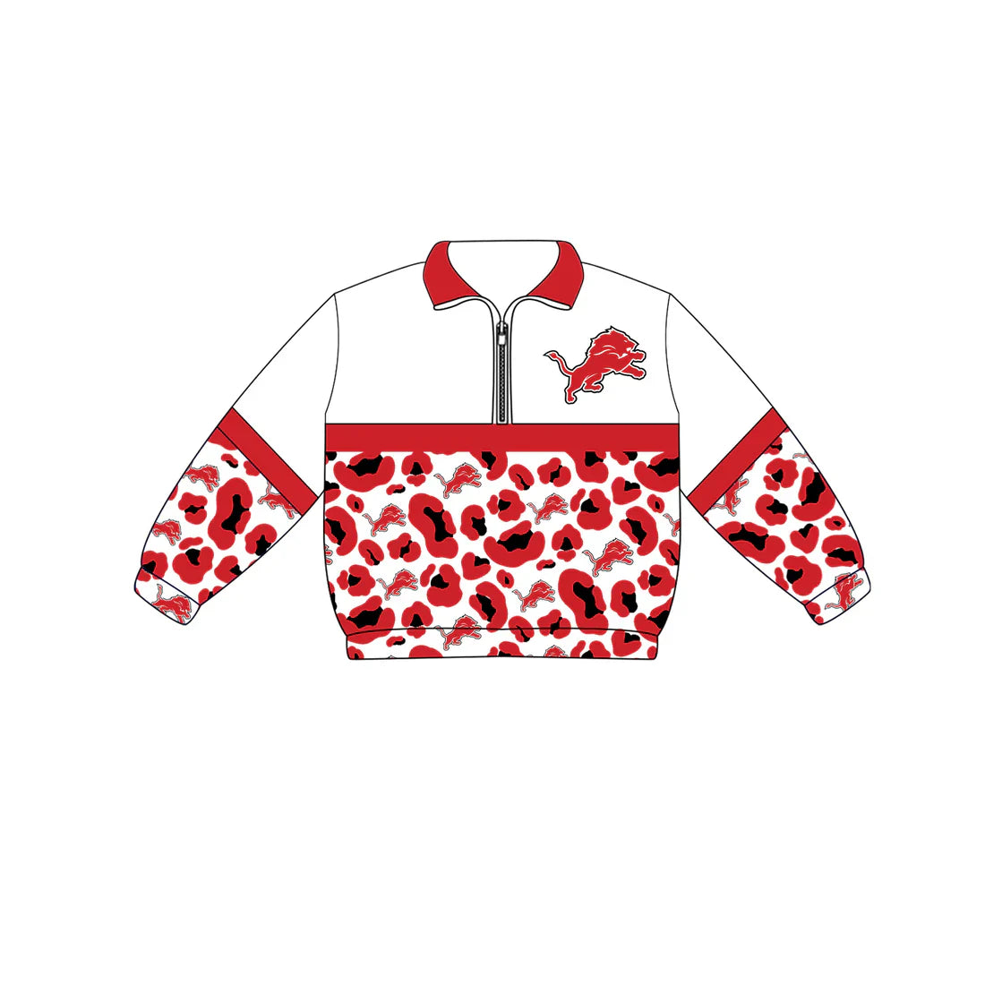 (Custom  Preorder MOQ 5) Baby Boys Long Sleeve Red Leopard Detroit Lions Team Zip Pullovers Top