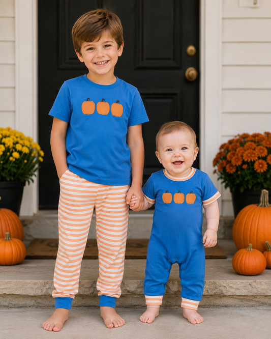 Sibling Baby Boys Embroidery Pumpkin Short Sleeve Top Orange Striped Pants Outfit Romper