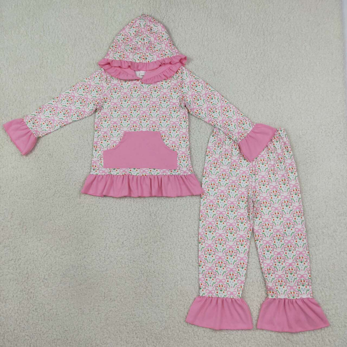 GLP3520 Flowers Bows Pink Hoodie Top Pants Girls Fall Ruffle Clothes Set