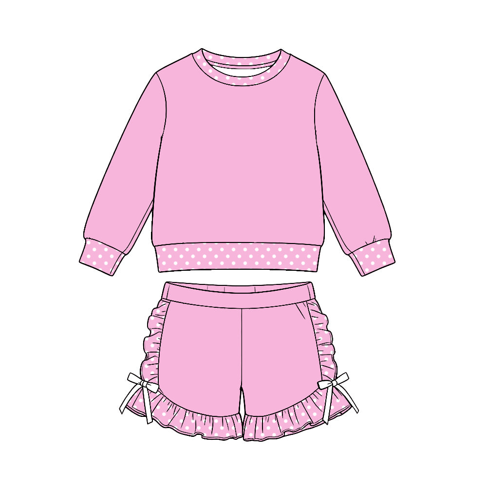 (Custom Design Preorder MOQ 5 Each)Girls Polka Dot Ruffle Hem Shorts Matching Long Sleeve Top Two Piece Set Sisters Wear