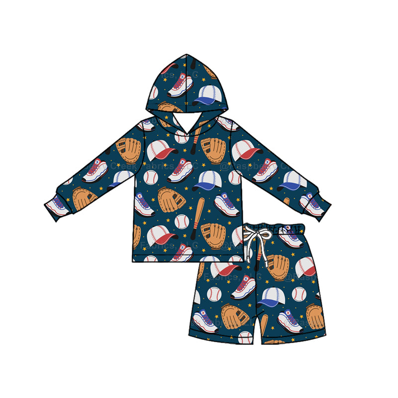 (Custom Design Preorder MOQ 5 Each)Baseball Print Hoodie Top Pockets Shorts Boys Clothes Set Brothers Wear