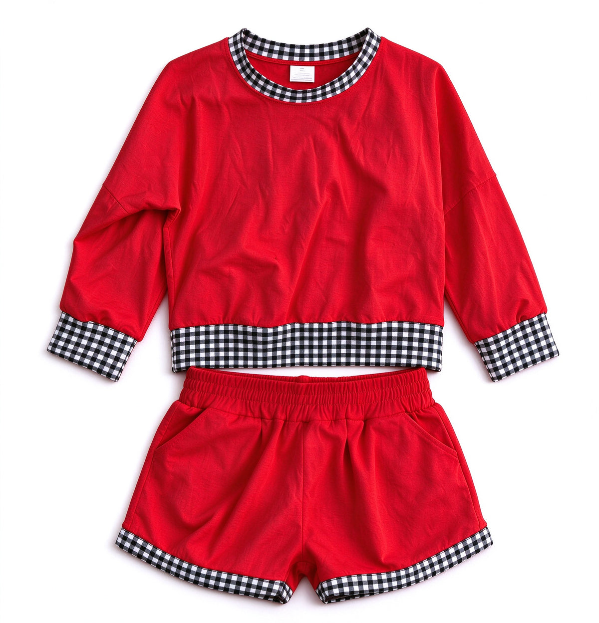 Preorder 5 MOQ each Kids Girls Long Sleeve Gingham Trim Top Shorts Outfit