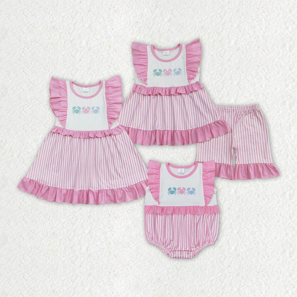 Baby Girls Sibling Crabs Pink Summer Sibling Rompers Dresses Clothes Sets