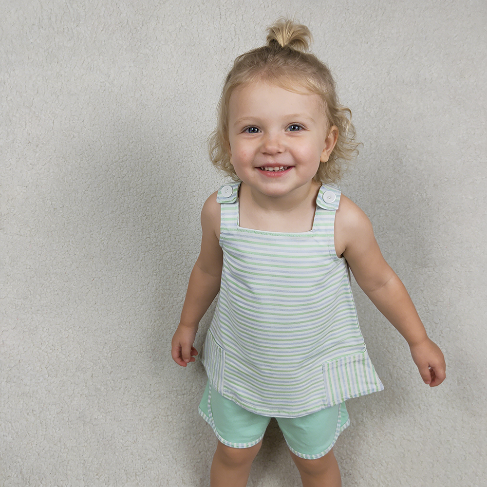 Sibling Baby Boys Girls Aqua Stripe Pockets Tunic Short Clothes Set Sleeveless Romper