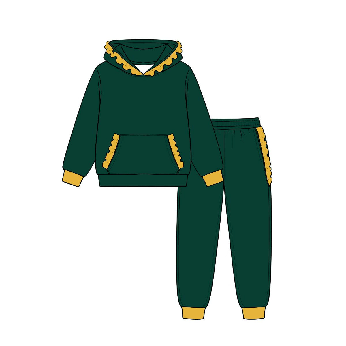 (Custom Design Preorder MOQ 5) Teams Dark Green Cotton Yellow Ruffles Hoodie Top Pockets Joggers Pants Girls Clothes Set