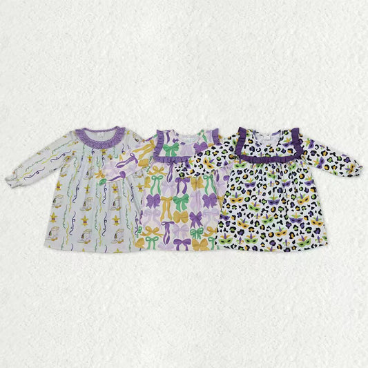 Sibling Baby Girls Long Ruffle Sleeve Mardigras Leopard Bows Anchors Knee Length Dresses