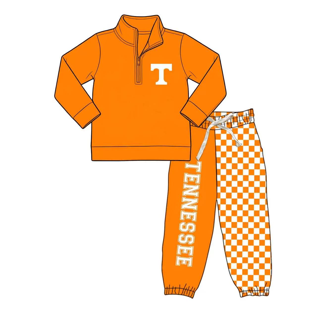 (Custom Design Preorder MOQ 5) Teams Tennessee Orange Zipper Pullover Top Joggers Pants Boys Fall Clothes Set