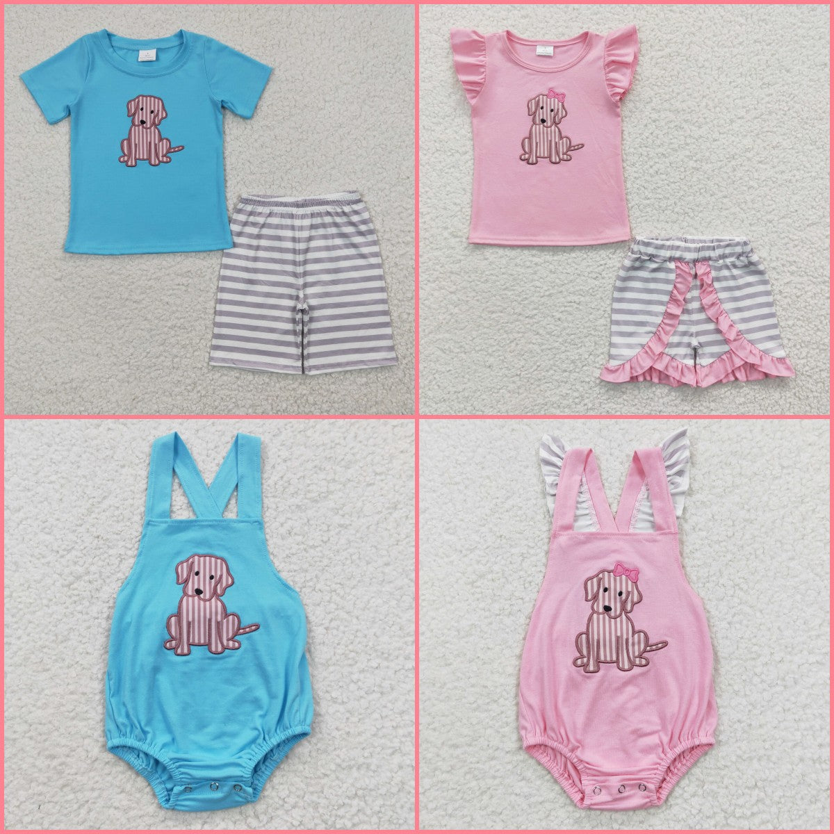 Sibling Baby Girls Boys Embroidery Stripe Dog Shirt Shorts Clothes Sets