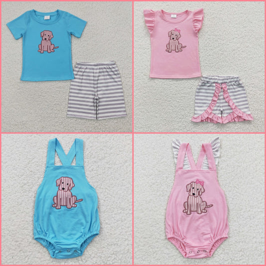 Sibling Baby Girls Boys Embroidery Stripe Dog Shirt Shorts Clothes Sets