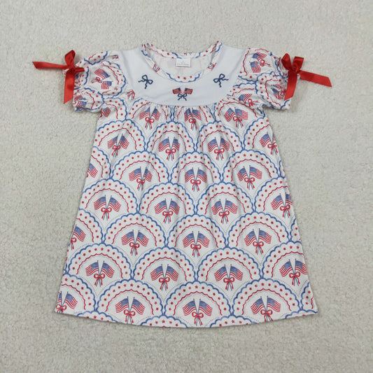 Sibling Baby Girls Embroidery Bow Flags Checked 4th of July Knee Length Dress Rompers