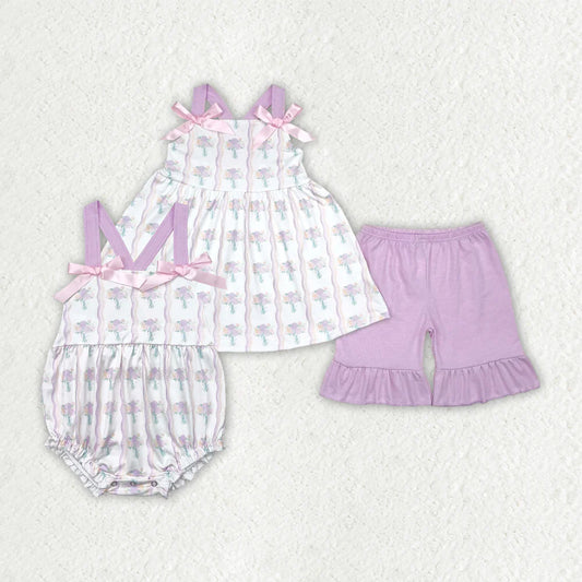 Sibling Baby Girls Lavender Strap Floral Stripe Tunic Ruffle Shorts Sets Rompers
