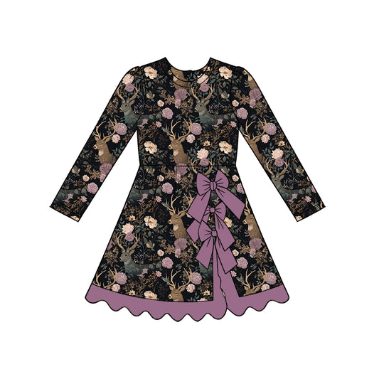 (Custom Design Preorder MOQ 5)  Deer Flowers Print Girls Fall Bows Regular Ruffle Dress