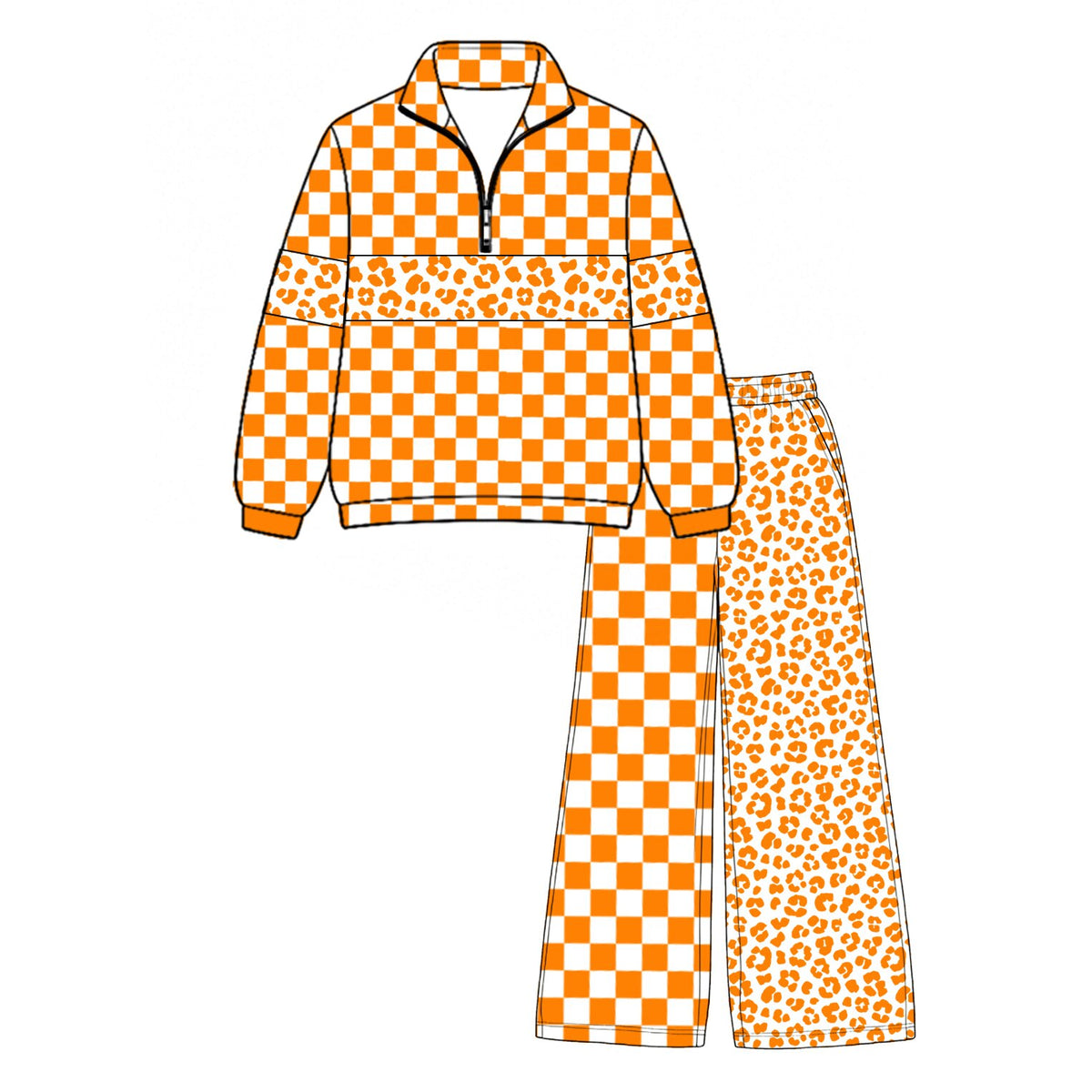 (Custom Design Preorder MOQ 5 Each)Teams Blank Leopard Checkered Print Long Sleeve Zipper Top Split Pants Girls Clothes Set Sisters Wear