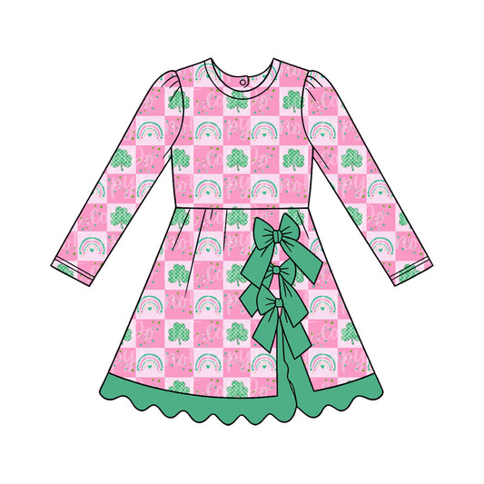 9.11 GLD1819 Preorder 4‑leaf Clovers Rainbows Pink Checkered Print Girls St Patrick Day Scallop Yoga Dress