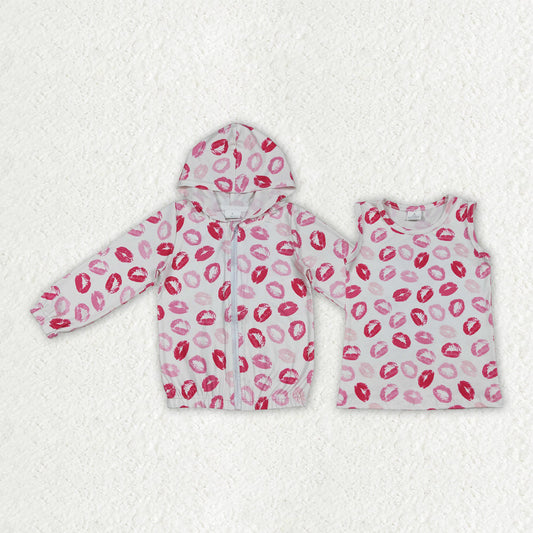 Sibling Baby Girls Pink Mouths Plaid Valentines Zipper Hoodie Jacket Vests Tops