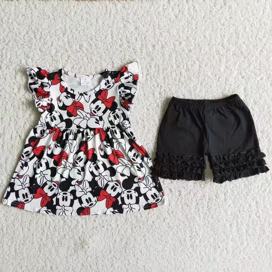 Cartoon Mouse Tunic Top Black Shorts Girls Summer Outfits   D12-1