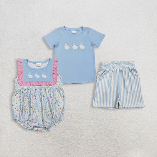 Sibling Baby Boys Girls Embroidery Rabbits Stripe Pockets Short Easter Clothes Set Ruffle Rompers