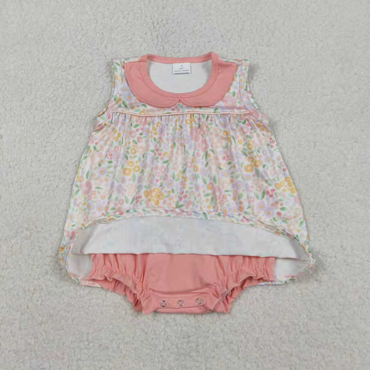 Sibling Baby Girls Sleeveless Peach Flowers Collar Knee Length Dress Tunic Ruffle Rompers