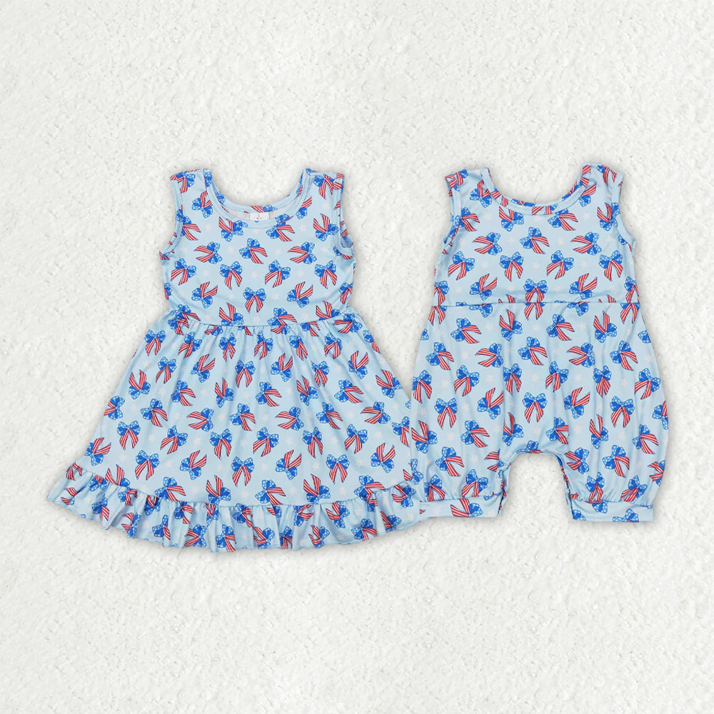Sibling Baby Girls 4th Of July Bows Sleeveless Rompers Dresses