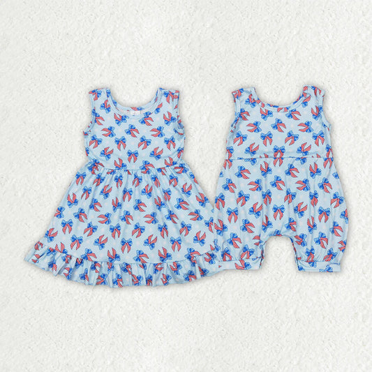 Sibling Baby Girls 4th Of July Bows Sleeveless Rompers Dresses