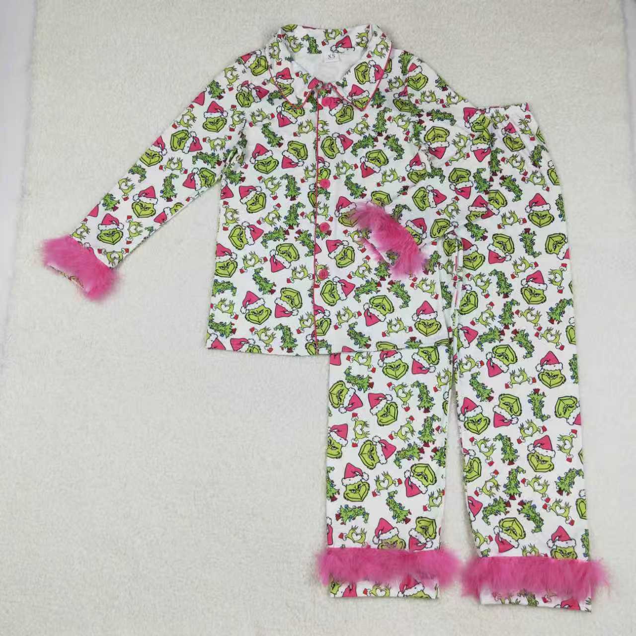 Mama and Me Christmas Fur Green Face Buttons Top Pants Pajamas Sets