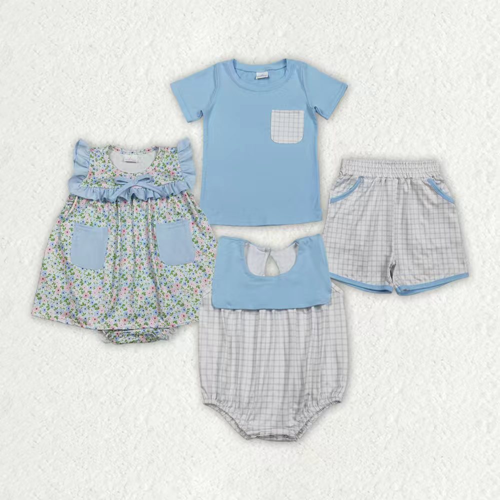 Sibling Baby Boys Light Blue Shirt Top Checked Pockets Short Clothes Set Rompers