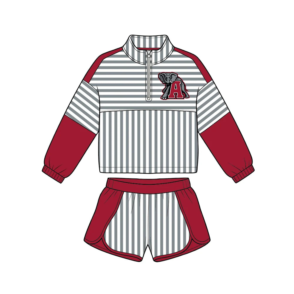 (Custom Design Preorder MOQ 5) Baby Girls Grey Stripe Alabama Zip Pullovers Short Team Clothes Set