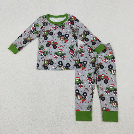 Sibling Baby Boys Trucks Candy Cane Christmas Pants Pajamas Sets Zipper Rompers