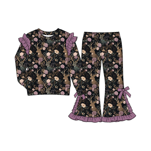 (Custom Design Preorder MOQ 5) Deer Flowers Print Girls Fall Ruffles Clothes Set